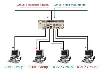 Console LAN Serial ports 1 2 3 4 5 6 7 8 9 10 11 12 13 14 15 16 EDS-728 Series User s Manual Network without multicast filtering Group 1 Multicast Stream Group 2 Multicast Stream IGMP Group2 IGMP