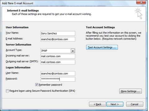 Click Test Account Settings. This feature opens a dialog box that displays, in a step-by-step manner, each phase of the testing of the configuration that you entered.