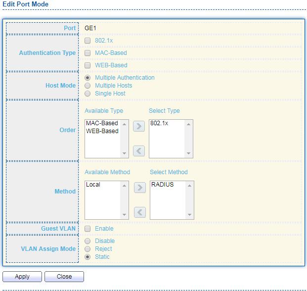 Click Edit button to view the Edit Port Mode menu. Figure 100 - Security > Authentication Manager > Property > Edit Port Mode Port Selected port list.