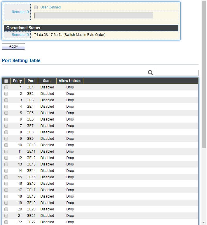 IV-10-8-3 Option82 Property This page allow user to set string of DHCP option82 remote ID filed. The string will attach in option82 if option inserted.