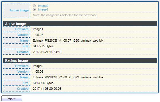 IV-14-2-2 Active Image This page allow user to select firmware image on next booting and show firmware information on both flash partitions.