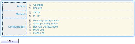 To display firmware upgrade or backup web page, click Management > Configuration > Upgrade/Backup.
