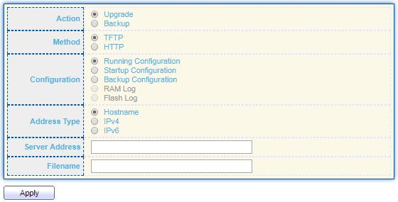 To display firmware upgrade or backup web page, click Management > Configuration > Upgrade/Backup Figure 161- Management > Configuration > Upgrade/Backup Action Method Configuration Address Type