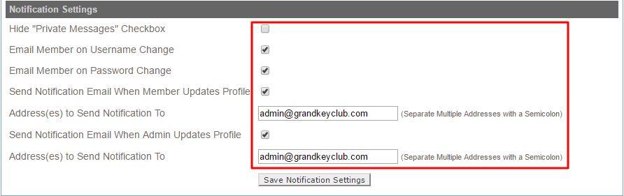 Under Notification Settings checkmark or uncheck options like Email Member on Username Change to alter the notifications members receive when making changes in the Directory.
