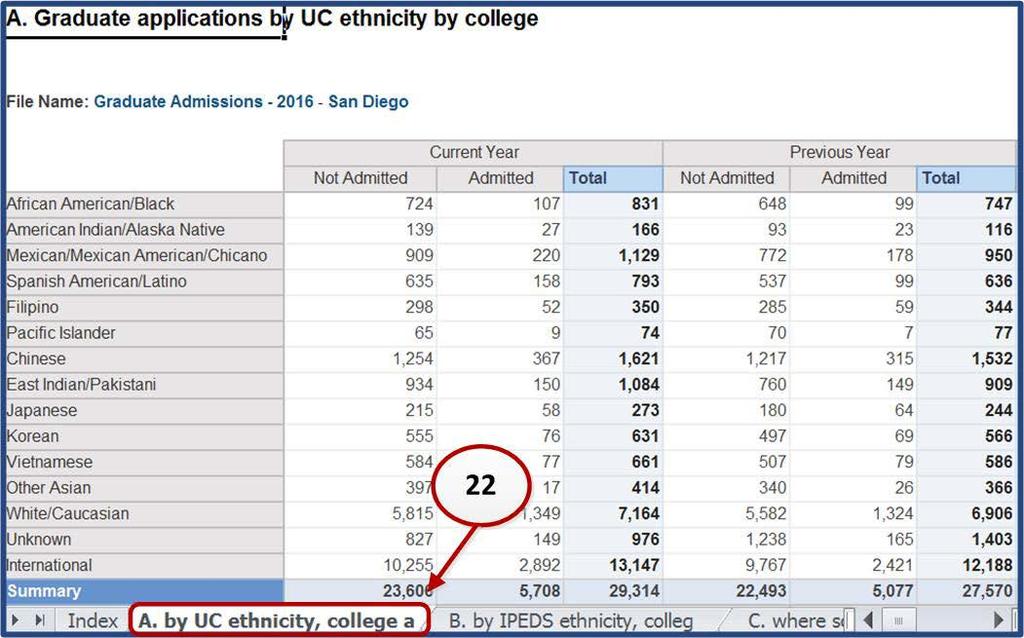 21. Click on the individual sheets to validate graduate admissions data by the element mentioned in the index page.