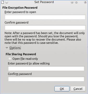 Here you have several choices: Figure 13: Two levels of password protection To read-protect the document, type a password in the two fields at the top of the dialog.