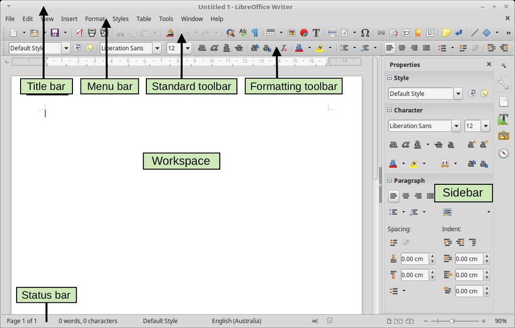 Figure 1: Parts of the main Writer window Sidebar The Sidebar is normally open by default on the right side of the Writer window, as shown in Figure 1.