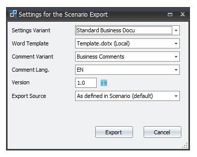Docu Performer SCENARIOS 23 Export a Scenario Scenarios can be exported from the Scenario area or the Scenario Designer.