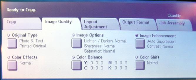 Image Enhancement touch key will adjust the background suppression and contrast of the job.