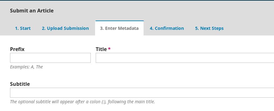 The third step of submission process is dedicated to entering metadata for your submission. Image 17: Submission Entering metadata Please enter title (prefix and subtitle if needed).