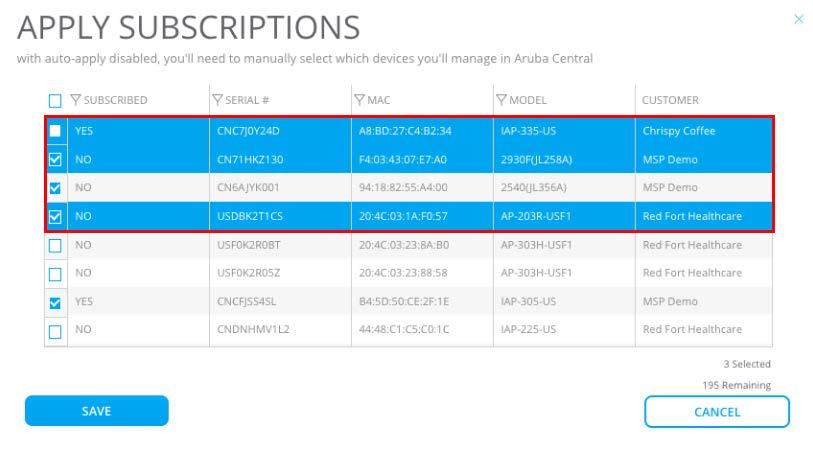 Assign Network Service subscriptions to tenant devices Aruba Central supports the following types of subscriptions: Device management subscriptions Allows you to add and manage devices (Instant APs