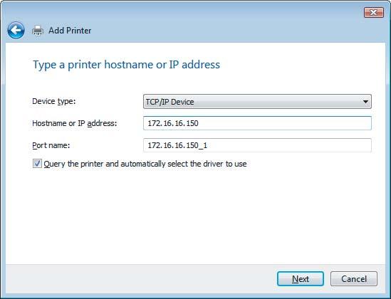 5 Select [TCP/IP Device] in the [Device type] box, enter the IP address of the GA-1310/E printer in the [Hostname or IP address] box, and click [Next].
