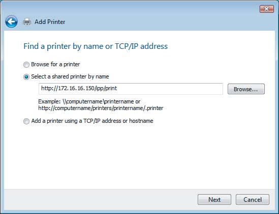 5 Select [Select a shared printer by name], enter http://[ip address]/ipp/[queue name] in the edit box, and click [Next]. Enter the IP address of GA-1310/E printer instead of [IP address].