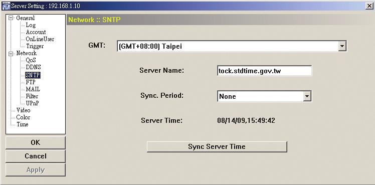 Period Sync Server Time Description Once users choose the time zone, the network camera will adjust the local area time of the system automatically.