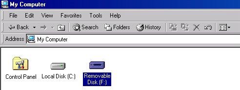 Figure 5: The MP850 Removable Disk in the My Computer Window *Note: (F:) is an example drive letter your My Computer" window may differ 3.