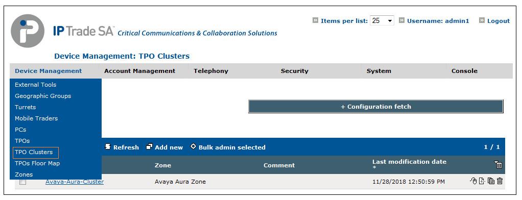 7.1.2. Configure Avaya TPO Cluster From the Top menu, select Device Management and then TPO Clusters.