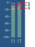 Basic Audio Editing 13 maximum sample level over a longer period of time. It is indicated as a white line above or at the top of the level meter bar.