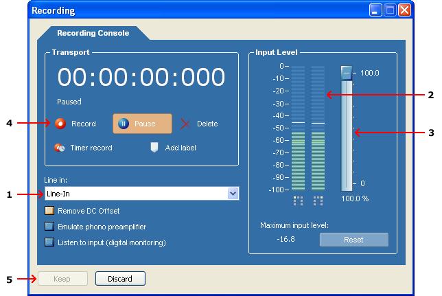 The Recording dialog box now opens: The Recording dialog box Now make sure that the correct