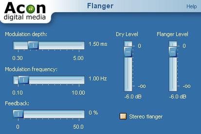 Audio Processing 35 The Flanger settings Settings Modulation depth Amplitude of the modulating function. Modulation frequency Frequency of the modulation function.
