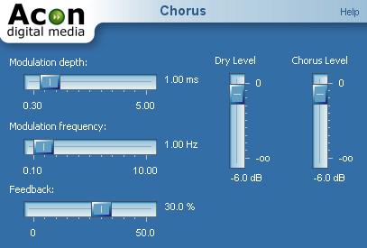 36 Acoustica User Guide The Chorus settings Settings Modulation depth Amplitude of the modulating functions. Modulation frequency Frequency of the modulation functions.