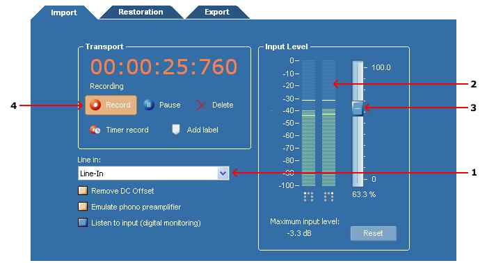 Using the Cleaning Wizard 57 The recording page in Acoustica 4. The input level meter (2) shows the current input level.
