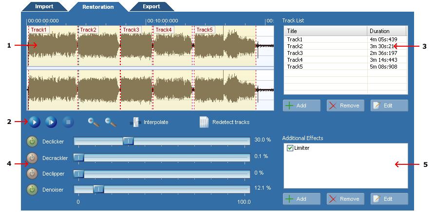Using the Cleaning Wizard 7.2 59 The Restoration Page The Restoration Page allows you to adjust the settings of the audio restoration tools and split the recording into several tracks.