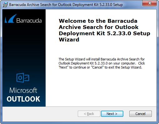 4. 5. 6. 7. 8. Click Next. Select the installation folder, for example, C:\Program Files\Barracuda\Message Archiver\Archive Search for Outlook Deployment Kit. Click Next. Read and accept the license agreement.
