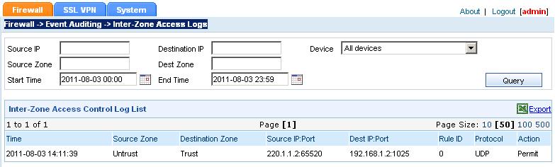 Figure 29 Displaying interzone policy logs on IMC Firewall Manager Displaying flow logs Displaying flow logs on the firewall From the navigation tree, select Log Report >