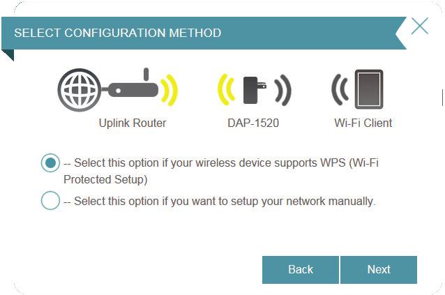 Section 3 - Configuration Using the WPS Method To set up using the WPS method, select the first option from the setup wizard menu. Click Next to continue.