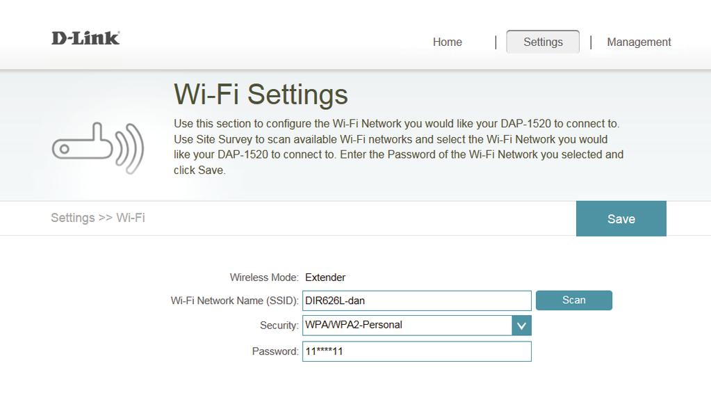 Section 3 - Configuration Wi-Fi Settings This page lets connect your DAP-1520 to a wireless network. This is the uplink network which the DAP-1520 will then be able to extend.