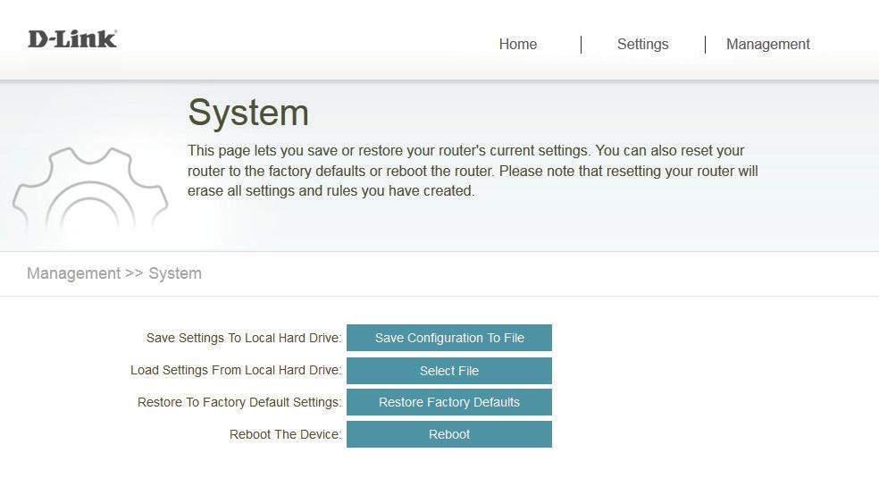 Section 3 - Configuration System This page allows you to save or restore your system configuration, reset, or reboot the DAP-1520.