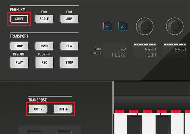 Configuring Touch Strips Accessing Touch Strip Settings 1. Press SHIFT + OCT- for accessing Pitch Strip settings or press SHIFT + OCT+ for accessing Modulation Strip settings.
