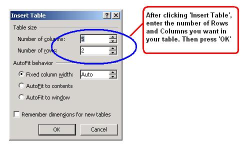 OR, click on Insert Table, and enter the number of Rows and Columns.
