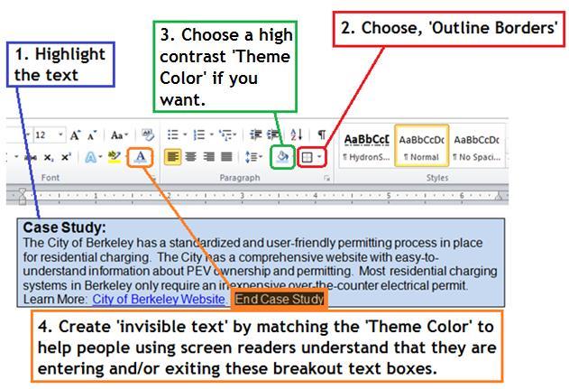 An Accessible Text Box Alternative Do not use Text Boxes, as they are inaccessible. A screen reader will not read the contents of Text Boxes until it has reached the very end of the document.
