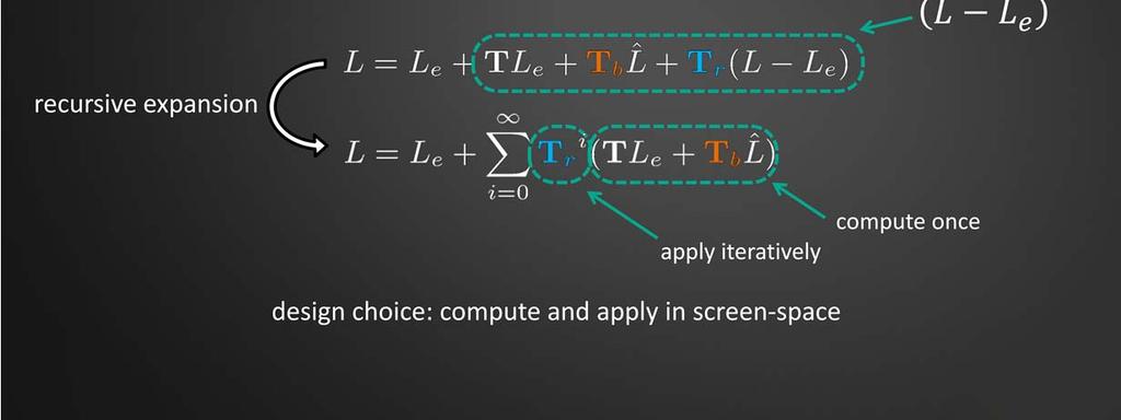 Fortunately, our reformulation trick allows us to do something smart: If you look at our rendering equation with the two transport operators, then we can observe that (L Le) is exactly these 3 terms