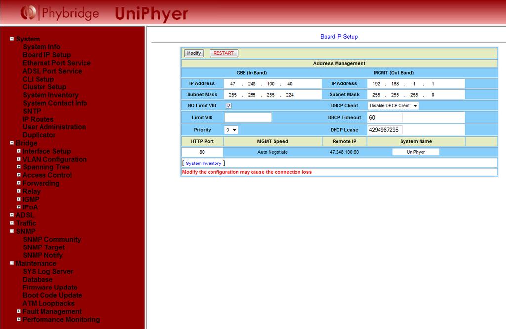 Figure 6 Phybridge UniPhyer - Administer board IP Step 3: Save new settings to flash