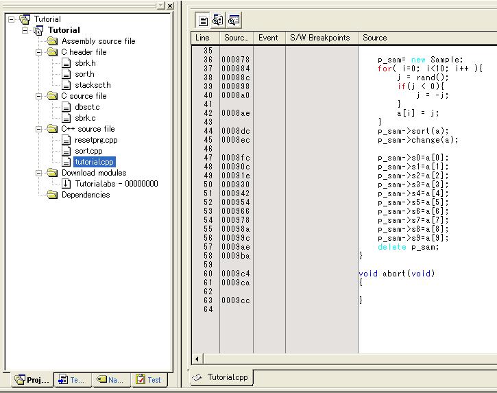 Section 6 Tutorial 6.6.2 Displaying the Source Program The High-performance Embedded Workshop allows the user to debug a user program at the source level. Double-click [tutorial.
