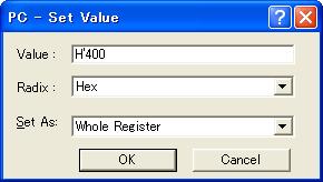 7 [Register] Window To change the value of the program counter (PC), double-click the value area in the [Register] window with the mouse.