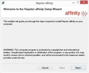 Installing Repstor affinity 1. Note that installing Repstor affinity requires administrative privileges, and you may be prompted for credentials/permission during the installation. 2.