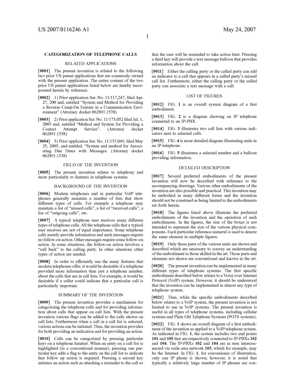 US 2007/01 1624.6 A1 May 24, 2007 CATEGORIZATION OF TELEPHONE CALLS RELATED APPLICATIONS 0001.