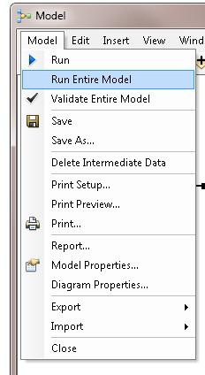 Running the Model Model -> Run Entire Model The model will run. The tools and output data will then display a drop shadow showing that they ve been run.