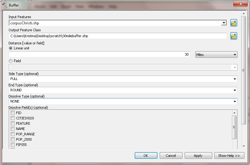 Buffer Input Parameters Output file from select tool 30 mile radius For the buffer tool, the input features are the output file from the select