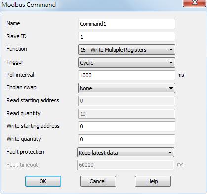 MGate Manager Configuration The Add, Modify, and Remove buttons support the Modbus command arrangement. When you click on the Add and Modify buttons, the following dialog box will be displayed.