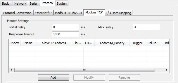 MGate Manager Configuration Master Mode Settings The MGate 5105-MB-EIP supports Modbus TCP Client (Master) mode, which means the MGate will work as a client and send the Modbus command request to the