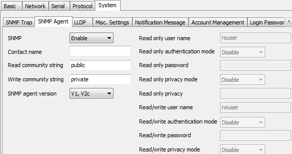 MGate Manager Configuration SNMP Agent Settings Parameters Description SNMP To enable the SNMP Agent function, select the Enable option, and enter a community name (e.g., public).