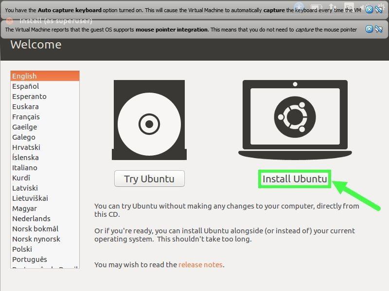 Select Install Ubuntu (you can click on the X to close out the notifications on the top) 7.