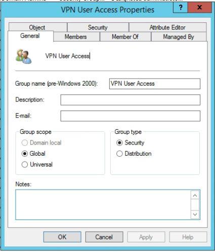 Creating a Security Group for VPN Domain Users 1. Navigate to your Active Directory User and Computers Tool 2. Create a new Security group with a friendly name (VPN Remote Users) 3.