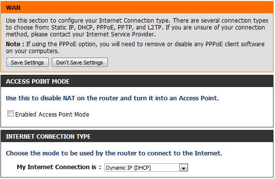 Access Point Mode: Manual Internet Connection Setup Check the Enabled Access Point Mode box if you want to disable NAT on the router and turn it into an