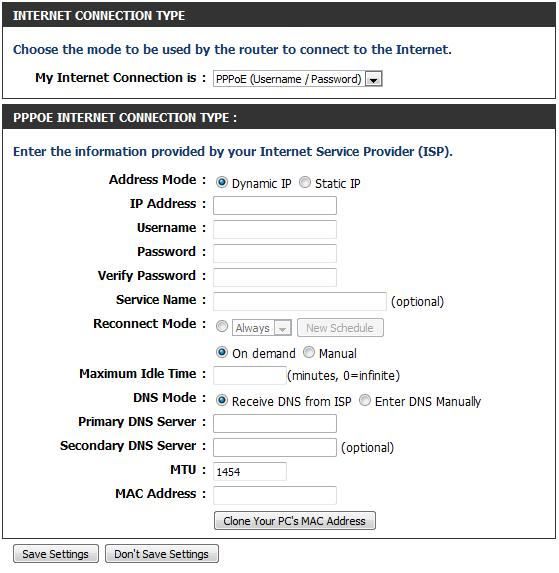 Address Mode: Manual Internet Connection Setup PPPoE (Username/Password) Select PPPoE (Username/Password) with a username and password. This option is typically used for DSL services.