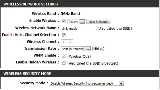 Enable Wireless: Schedule: Wireless Network Name: Enable Auto Channel Selection: Wireless Channel: Transmission Rate: WMM Enable: Enable Hidden Wireless Wireless Security Mode: Check the box to